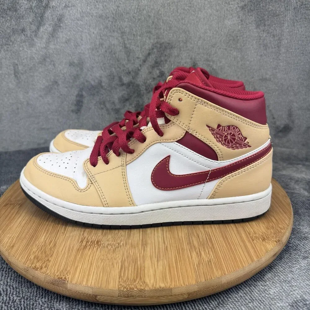 Nike Air Jordan 1 Mid AJ1 Shoes Mens Size 8 Tan Red White Basketball 554724-201